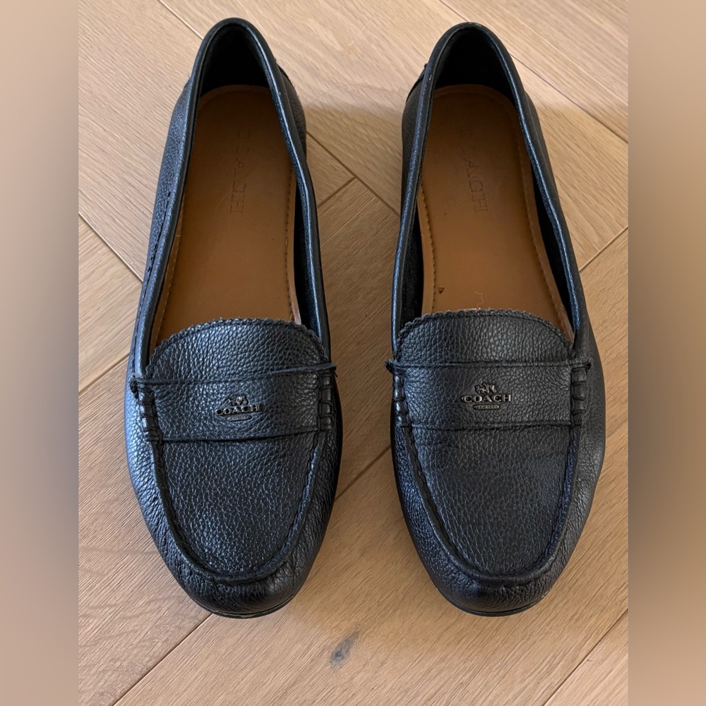 Sz 10b COACH Womens Odette Black Pebbled Leather Loafers Moc Toe Slip On Flats